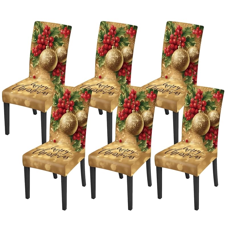 Chair Covers Set of 6 - Stretchable Dining Room Slipcovers with Elastic Band, Washable, Gold Merry Christmas (Variation: Gold - Merry Christmas+6)