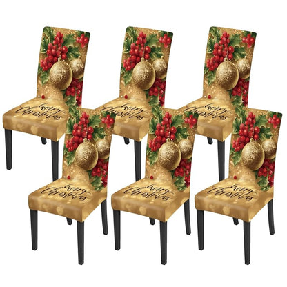 Chair Covers Set of 6 - Stretchable Dining Room Slipcovers with Elastic Band, Washable, Gold Merry Christmas (Variation: Gold - Merry Christmas+6)