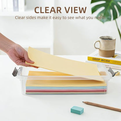 Citylife 3 PCS Plastic Storage Bins - Stackable Clear File Boxes with Latching Lids for A4 Paper & Documents