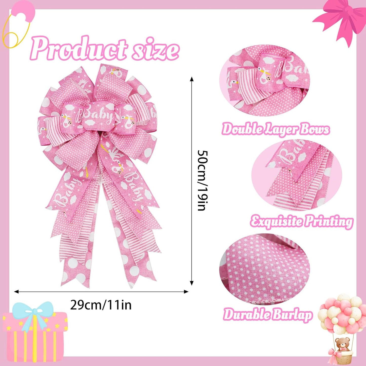 Montekin Large Baby Shower Bows - 20x11 Inch Wired Burlap Wreath Bow for Boys & Girls | Perfect Spring Decoration (Pink)