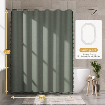 AmazerBath Farmhouse Shower Curtain, Sage Green Linen Shower Curtain with 3 Side Green Tassel, Boho Shower Curtain Set with 12 Upgraded Hooks for Neutral Country Bathroom, 72x72 Inches