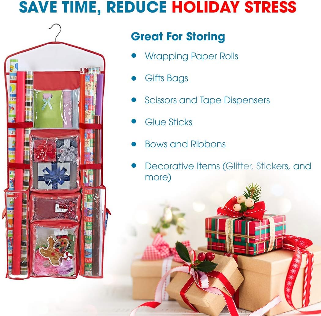 ProPik Wrapping Paper Storage Organizer - Double-Sided Design with Multiple Pockets | 40" x 17" Clear PVC Bag (Red)