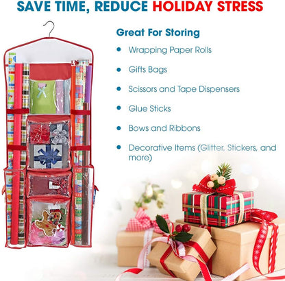 ProPik Wrapping Paper Storage Organizer - Double-Sided Design with Multiple Pockets | 40" x 17" Clear PVC Bag (Red)