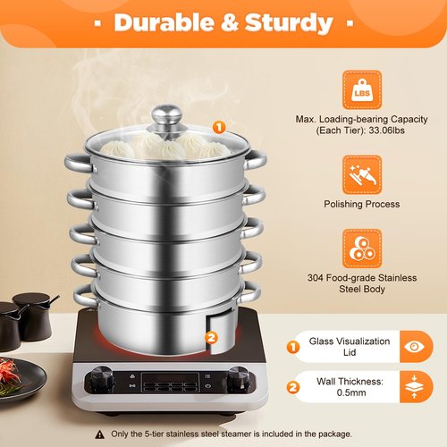 5-Tier Stainless Steel Steamer,Meat Vegetable Cooking Steamer Pot Multi Layer Stackable Kitchen Cookware,Large Steaming Pot Cookware for Steaming Veggie, Grains,Couscous, Pasta,Dumplings (Silver, 5-Tier,26cm)