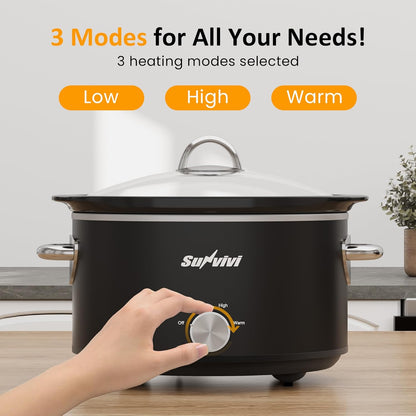 Sunvivi 4QT Small Slow Cooker - Mini Food Warmer with 3 Heating Settings & Removable Ceramic Pot | Black