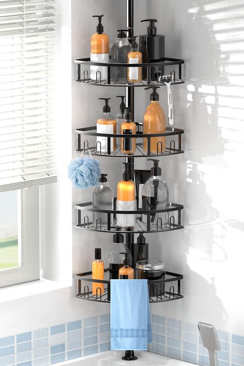 4-Tier Rustproof Corner Shower Caddy by [Brand Name] - Adjustable Tension Pole, 42-115 Inch Height, Freestanding Bathroom Organizer - Black