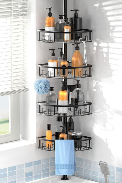 4-Tier Rustproof Corner Shower Caddy by [Brand Name] - Adjustable Tension Pole, 42-115 Inch Height, Freestanding Bathroom Organizer - Black