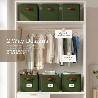 DECOMOMO Storage Baskets - 13x15x13 Cube Bins with Labels for Organized Shelves | Olive Green (4-Pack)