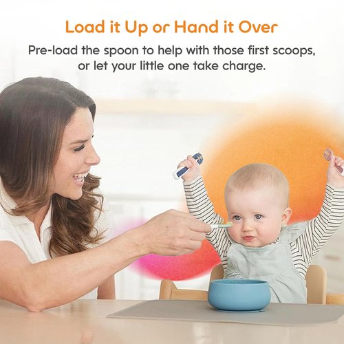 NumNum Baby Spoons Set, Baby Essentials Pre-Spoon GOOtensils for 6+ Months, First Stage Self-Feeding Spoons for Baby Led Weaning (BLW), Silicone Toddler Utensils, BPA-Free, 2 Pack Blue/Yellow