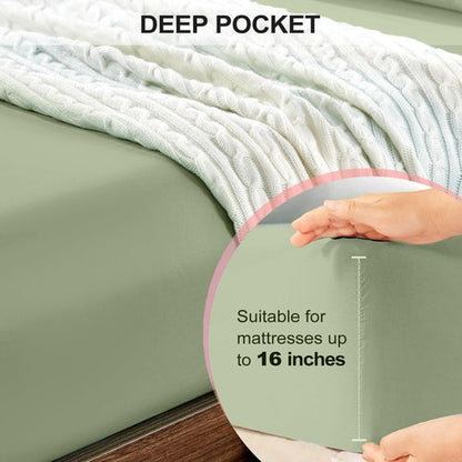 FreshCulture Queen Fitted Sheet - Hotel Quality, Ultra Soft & Breathable Brushed Microfiber, Deep Pocket, Cooling Fitted Sheets for Queen Size Bed (Sage Green)