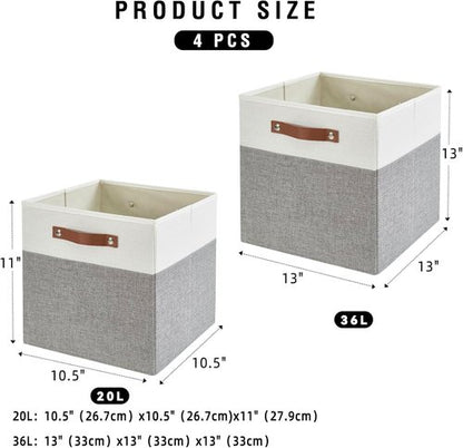 Bagnizer Collapsible Storage Cube Bins - Foldable Organizer Baskets with 2 Handles | 13"x13"x13", Gray & White, 4 Pack