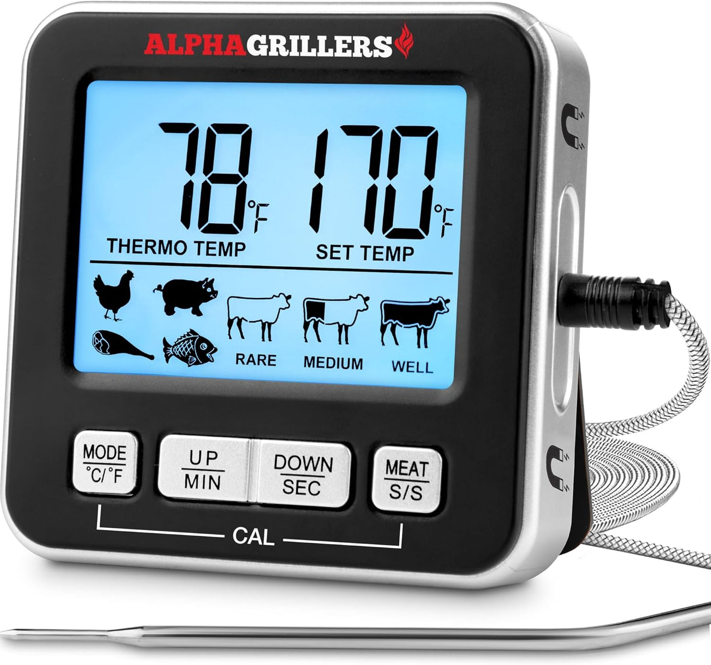 Alpha Grillers Digital Meat Thermometer - Accurate Cooking & Grilling Tool with 7 Preset Alerts | Stainless Steel Probe