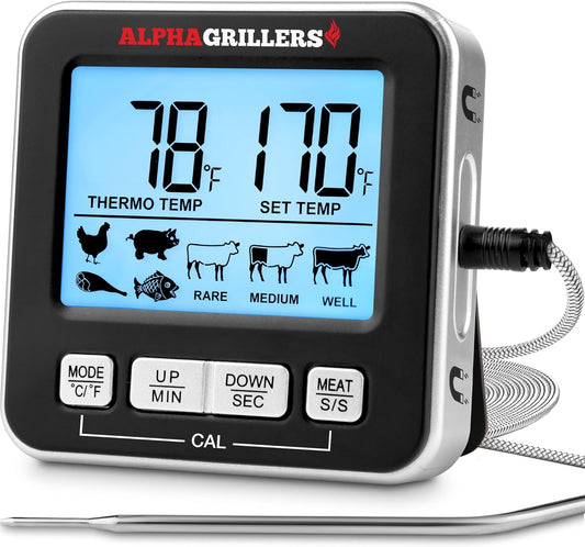 Alpha Grillers Digital Meat Thermometer - Accurate Cooking & Grilling Tool with 7 Preset Alerts | Stainless Steel Probe