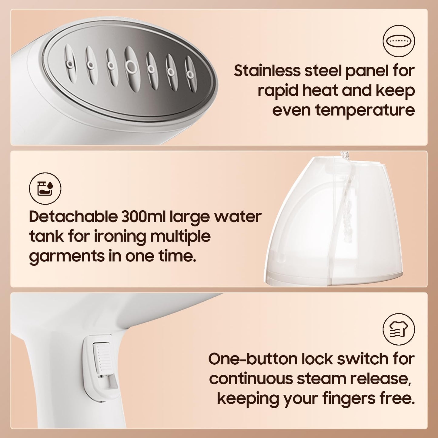 Portable Handheld Steamer for Clothes - 1350W Hand Held Clothes Steamer 15S Fast Heat-up, Heat-Resistant Steam Iron Remove Wrinkles for All Fabrics, 300ml Tank for Travel/Hotel