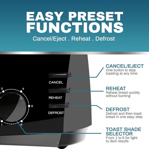 Elite Gourmet Long Slot 4-Slice Toaster - 6 Toast Settings, Extra Wide Slots for Bagels & Waffles, Black