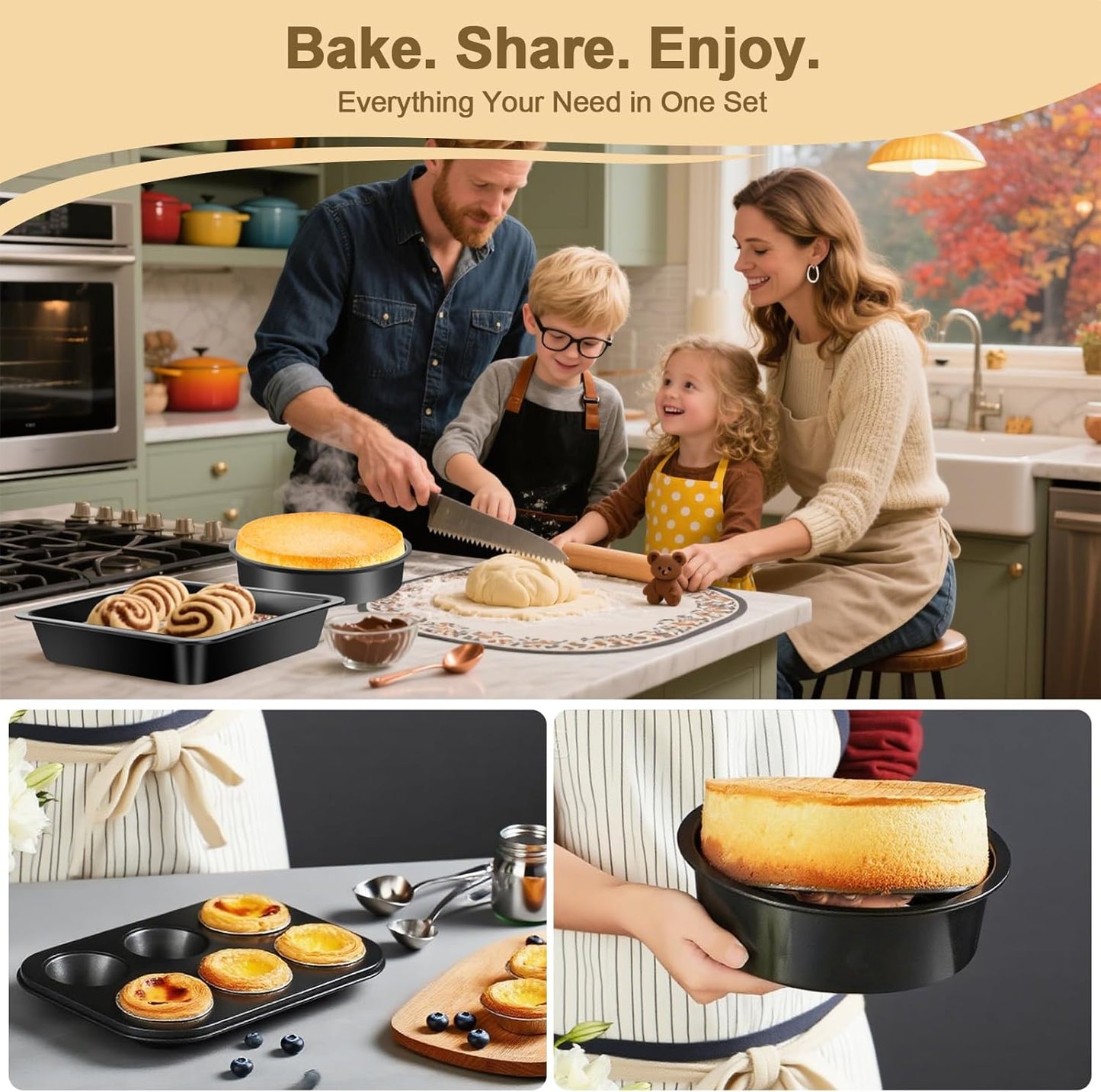 Skiennix 5-Piece Toaster Oven Baking Pan Set - Compact Nonstick Bakeware for RVs & Small Kitchens | Muffin, Loaf, Pizza, Cake & Square Pans