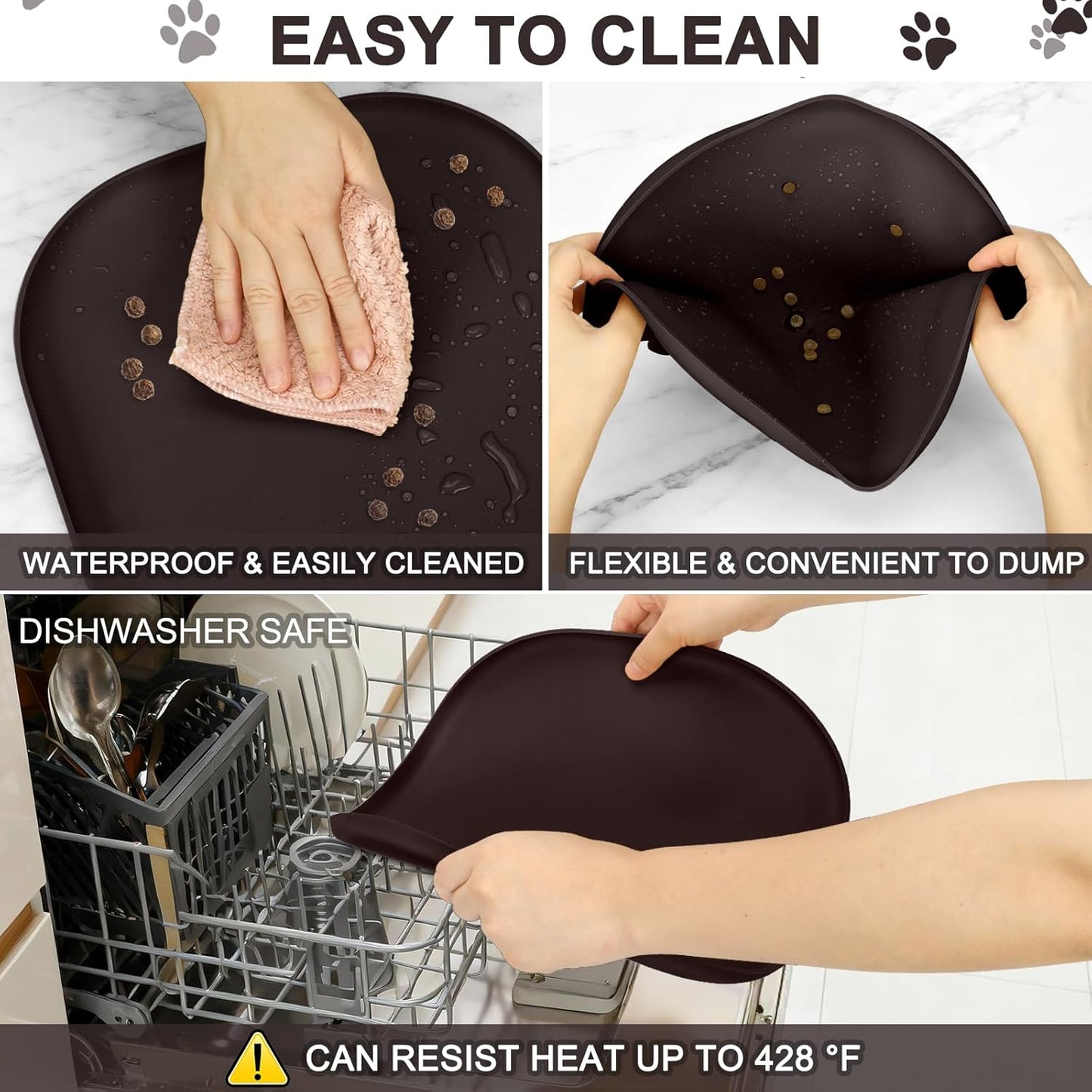Skiennix Small Silicone Pet Food Mat - Waterproof Dog & Cat Feeding Tray with Raised Edge | 12 x 12 x 0.7 Dark Brown