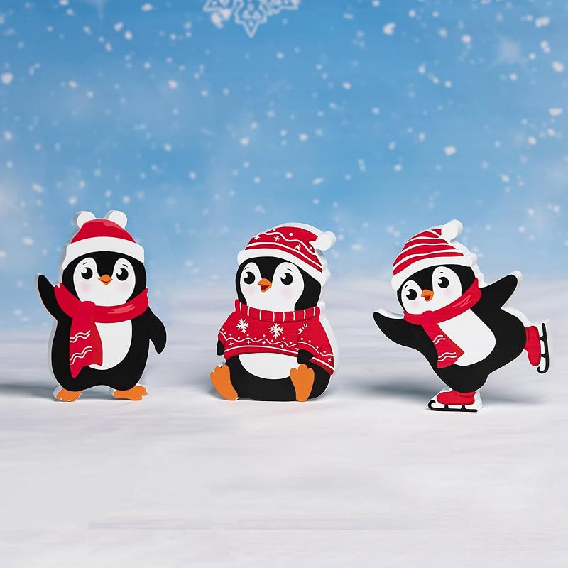 Red Penguin Christmas Decorations Set of 3 — Wooden Tiered Tray Blocks for Desk, Shelf, Home or Office