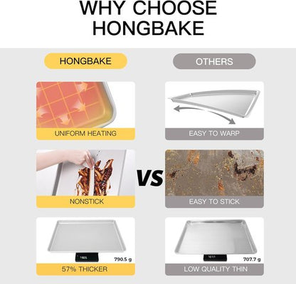 HONGBAKE Nonstick Half Baking Sheet Pan Set of 2 | Heavy Duty Cookie Trays - Dishwasher Safe, Silver