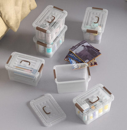 WYT 7 Quart Clear Storage Latch Box - Stackable Plastic Bins with Brown Handle & Lid | Multi-Purpose 6-Pack