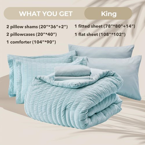 HYMOKEGE Lake Blue King Size Comforter Set Seersucker 7 Pieces, All Season Luxury Bed in a Bag for Bedroom, Bedding Set with Comforters, Sheets, Pillowcases & Shams