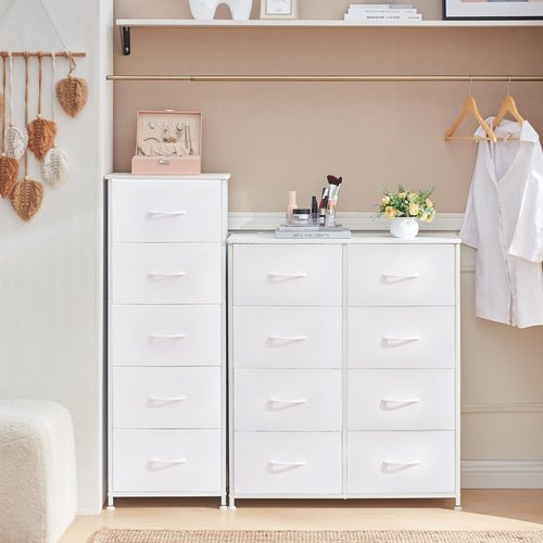 Somdot Tall Dresser for Bedroom with 5 Drawers, Storage Organizer Chest of Drawers with Removable Fabric Bins for Closet Bedside Living Room Laundry Entryway Hallway, White Leather