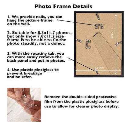 8.3x11.7 A4 Picture Frame Black for Wall Hanging or Tabletop, Wall Mounting Horizontally or Vertically, A4 Frame 8.3 x 11.7 Wall Gallery Poster Photo Frame with Shatter Resistant Plexiglass, Black