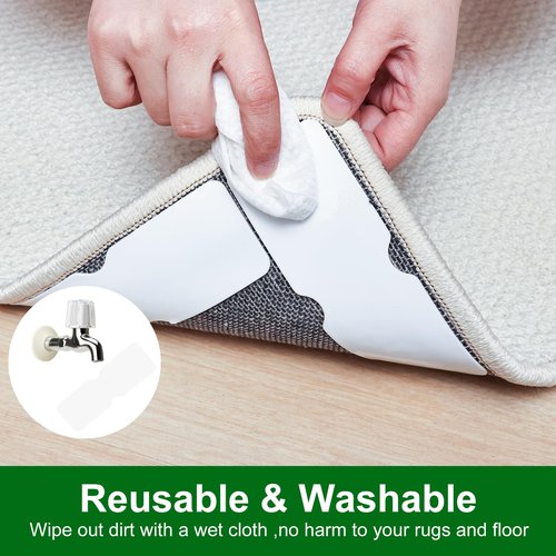 Sahhika Rug Tape,12Pcs Non Slip Grippers for Rug,Double Sided Reusable Rug Stopper Keep Area Rugs Corners from Curling and Bunching,Washable Rug Pad Grippers for Hardwood Floors, Tile Floors (White)