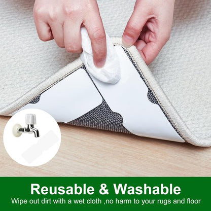Sahhika Rug Tape,12Pcs Non Slip Grippers for Rug,Double Sided Reusable Rug Stopper Keep Area Rugs Corners from Curling and Bunching,Washable Rug Pad Grippers for Hardwood Floors, Tile Floors (White)