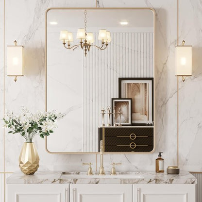 LOAAO 20”X30” Gold Bathroom Mirror, Rounded Rectangle Gold Frame Mirror, Brushed Gold Bathroom Vanity Mirror Wall-Mounted, Anti-Rust, Hangs Horizontally or Vertically