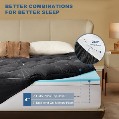 Bedlore 4-Inch Queen Mattress Topper for Back Pain - Dual Layer Medium Support (2" Gel Memory Foam + 2" Cooling Fluffy Pillow Top Pad), Breathable & Pressure Relief (Gray)