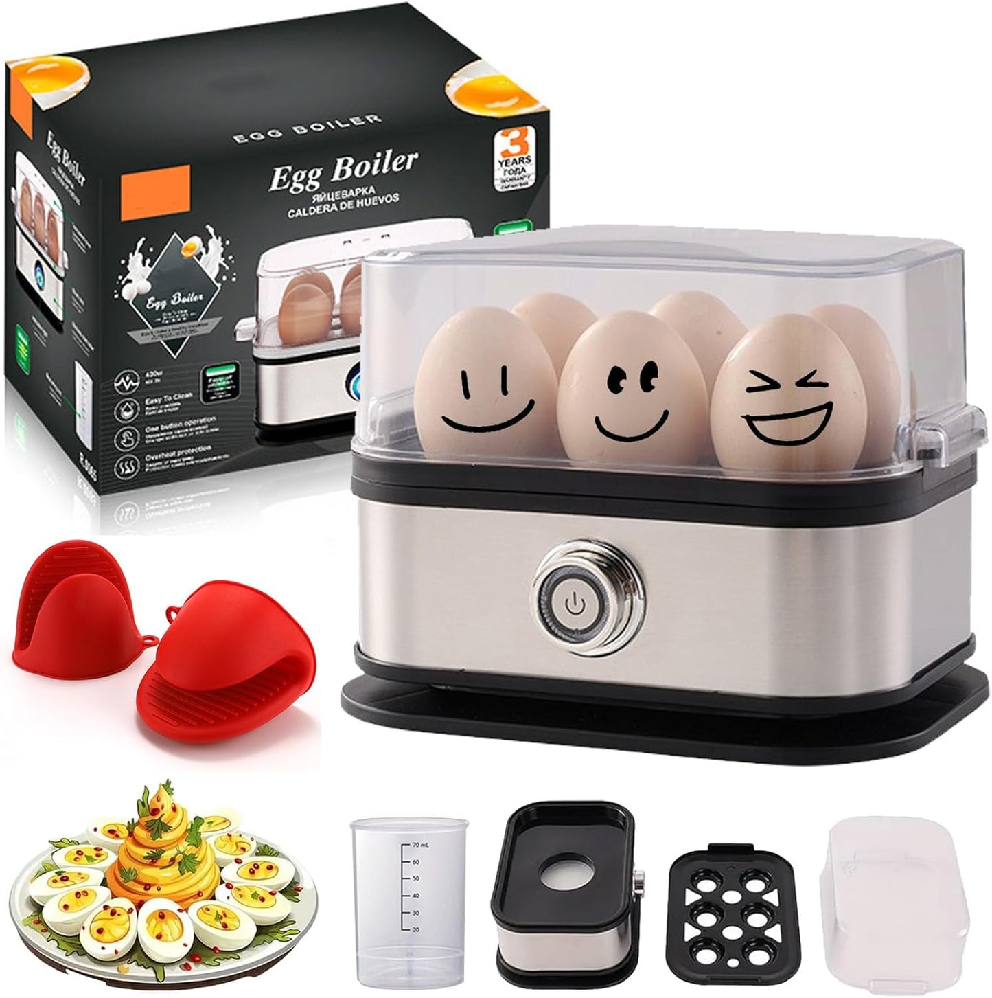 Sunny Side Master Egg Cooker - 6 Egg Capacity Electric Egg Maker | Soft, Medium, Hard Boiled, Poacher, Stainless Steel, BPA Free
