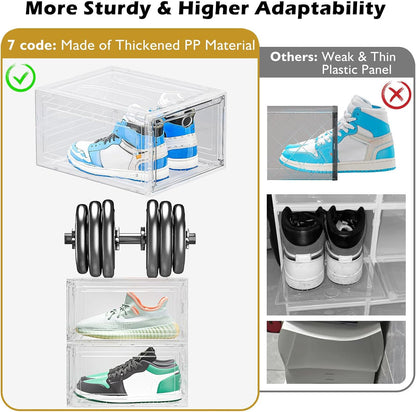Skiennix Clear Shoe Storage Organizer - 12 Pack Stackable Plastic Boxes with Magnetic Door | Space-Saving White Design