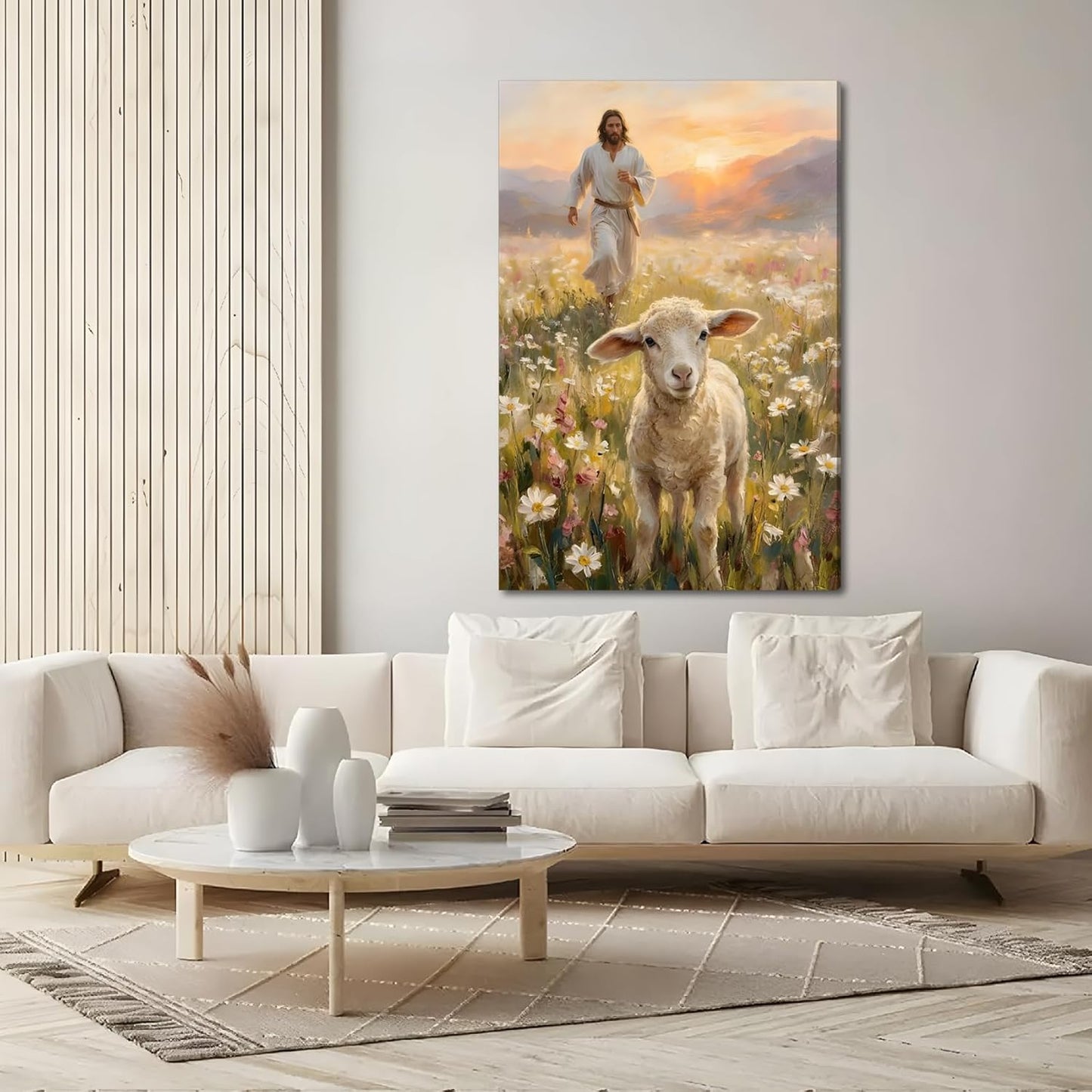 SIXWOOD Canvas Wall Art - Jesus Seeking Lost Sheep | Framed Christian Decor for Living Room, 12x16 in
