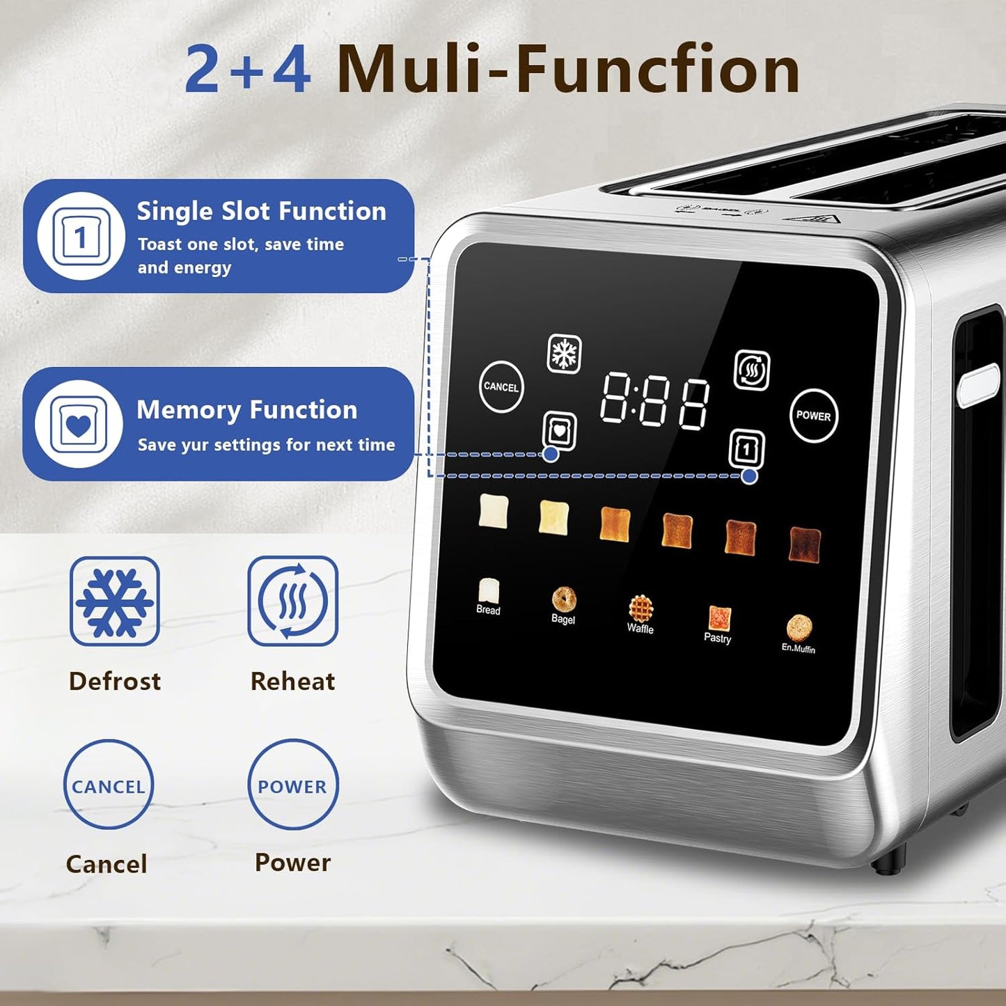Smart Toaster 4 Slice - Touch Screen Digital Toaster with 6 Browning Levels & Extra Wide Slots | 1400W Stainless Steel