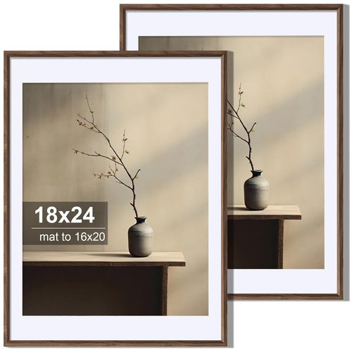 Axeman 18x24 Picture Frame Set of 2, Display 16x20 Pictures with Mat or 18x24 without Mat, Thin Border Wall Gallery Photo Frames for Wall and Tabletop Display, Walnut