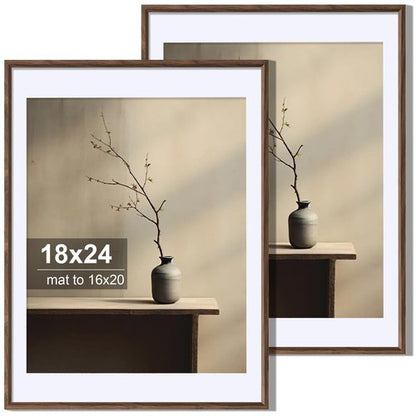 Axeman 18x24 Picture Frame Set of 2, Display 16x20 Pictures with Mat or 18x24 without Mat, Thin Border Wall Gallery Photo Frames for Wall and Tabletop Display, Walnut