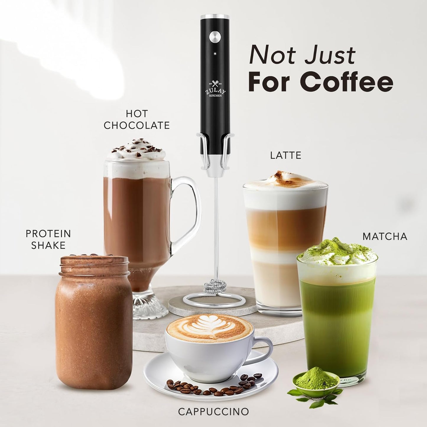 Zulay Kitchen Rechargeable Milk Frother Handheld - Lux 4 Whisks, Powerful 2-Speed Motor, Waterproof, 2000mAh Battery - Drink Mixer for Latte, Cappuccino, Matcha & Protein Powder - Jet Black