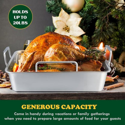 E-far Roasting Pan - 16 x 11.5 Inch Stainless Steel Turkey Roaster with V-Shaped Rack | Heavy-Duty & Dishwasher Safe