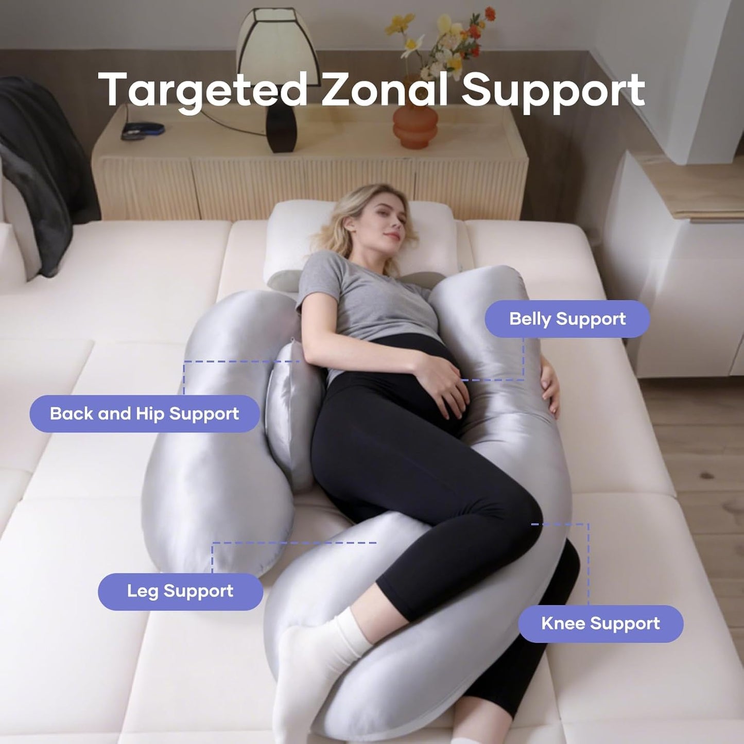 Skiennix Pregnancy Pillow - Adjustable H-Shaped Full Body Support with Cooling Cover | Grey