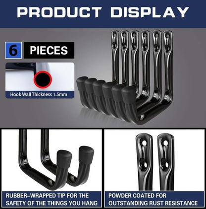 Dreecy J Heavy Duty Utility Hooks - Black Garage Storage Solution | 6 Pack for Wall Hanging