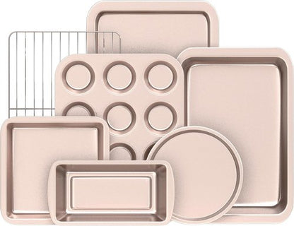 KITESSENSU Nonstick Baking Pans Set - 7-Piece Bakeware with Round, Square, Loaf, Muffin, Cookie & Roast Pans | Gold