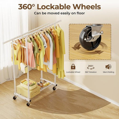 HYSEYY Rolling Clothing Rack - Sturdy Double Rod Wardrobe Rack for Bedroom & Laundry | White