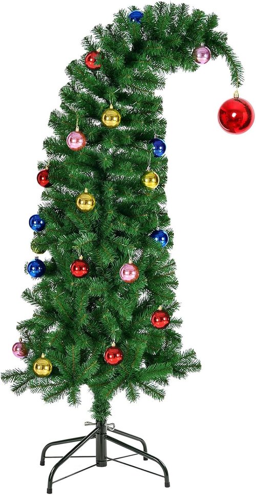 Hatisan 5FT Artificial Christmas Tree - Bent Green Design with Ball Ornaments & Metal Base | Holiday Decor