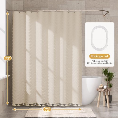 AmazerBath Boho Farmhouse Shower Curtain with Tassels, Beige Shower Curtain Set Fabric, Soft Cloth Chevron Rustic Shower Curtain with Hooks, Hotel Quality, 72x72 Inches