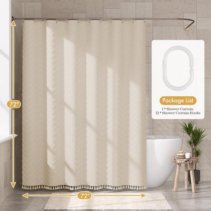 AmazerBath Boho Farmhouse Shower Curtain with Tassels, Beige Shower Curtain Set Fabric, Soft Cloth Chevron Rustic Shower Curtain with Hooks, Hotel Quality, 72x72 Inches
