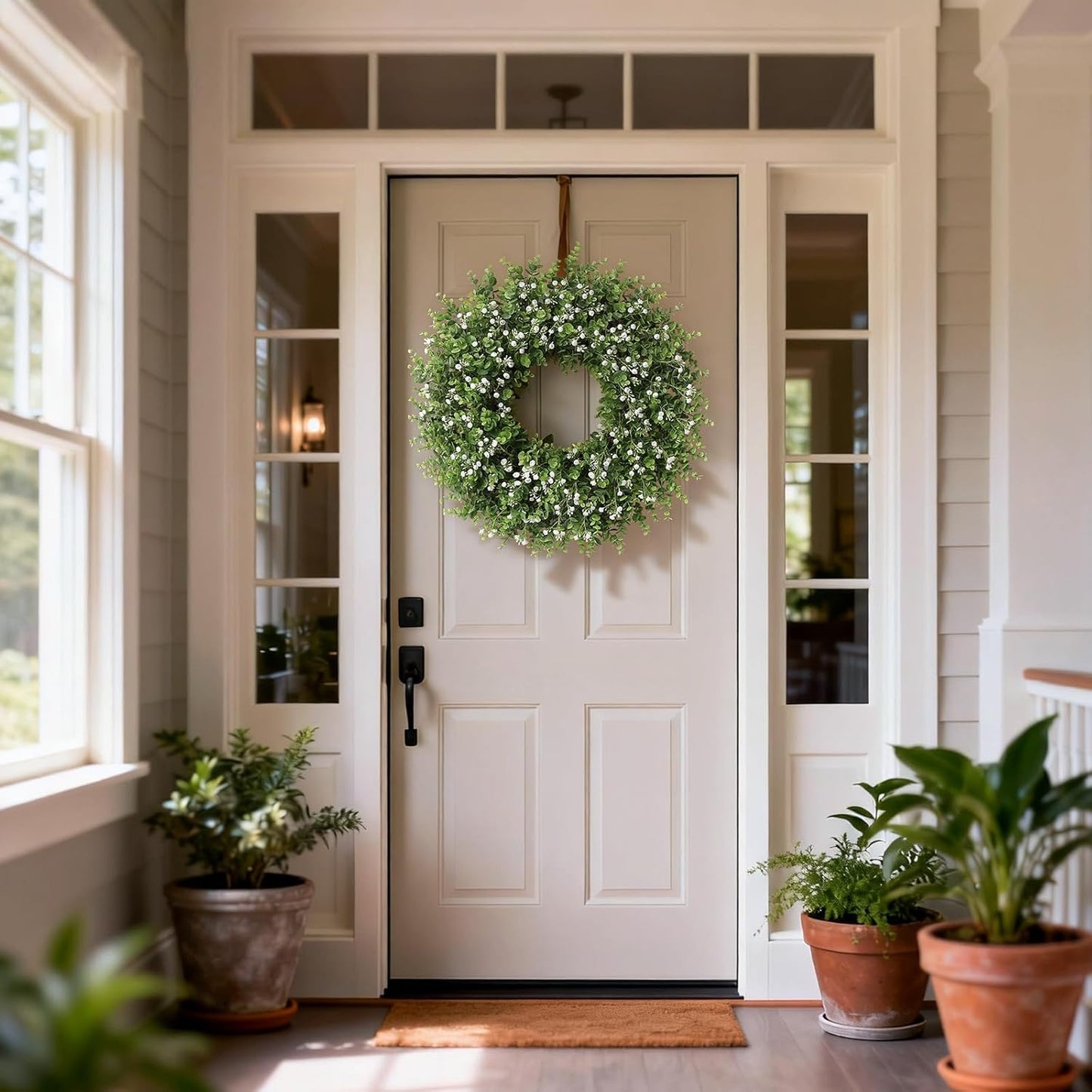 Skiennix 26" Artificial Eucalyptus Wreath - Faux Greenery with Baby's Breath for Front Door Decor