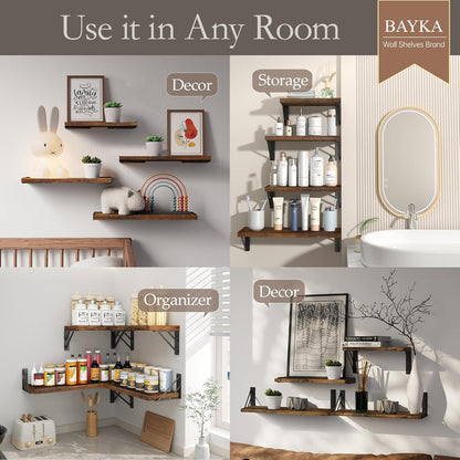 BAYKA Floating Wall Shelves - Rustic Wood Storage for Bathroom, Living Room & Kids' Rooms | Set of 4