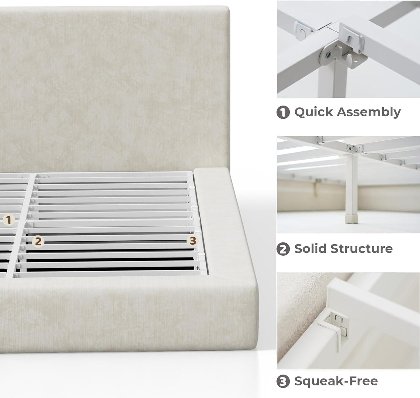 RECCI AirFrame Queen Bed Frame - Cloud Upholstered Platform with Cushioned Headboard | Easy Assembly, Beige Chenille