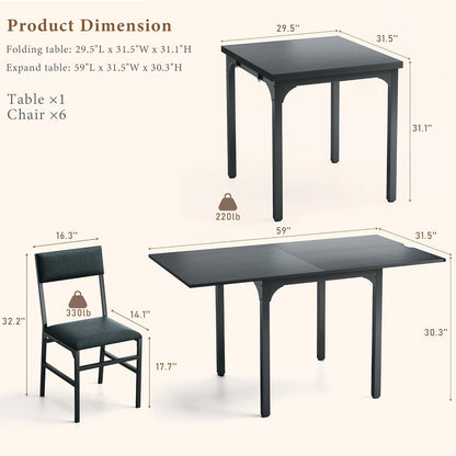 Skiennix 7-Piece Dining Table Set - Extendable Rectangle Table with 6 Cushioned Chairs - Black